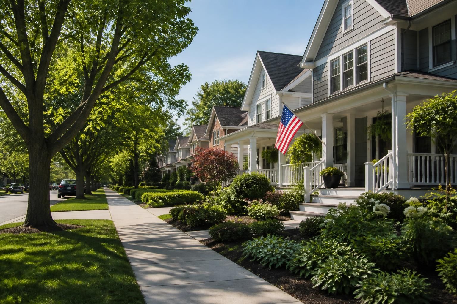Well-kept neighborhood street with greenery and clear sky.