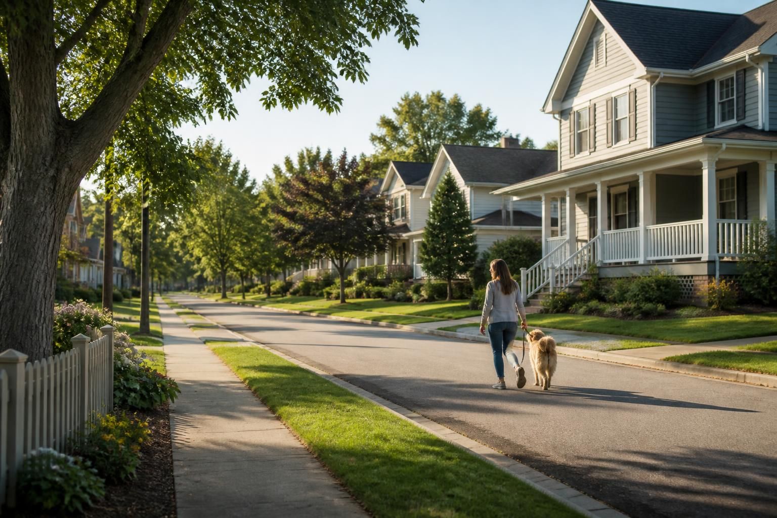 Quiet neighborhood street with clean houses and soft light.