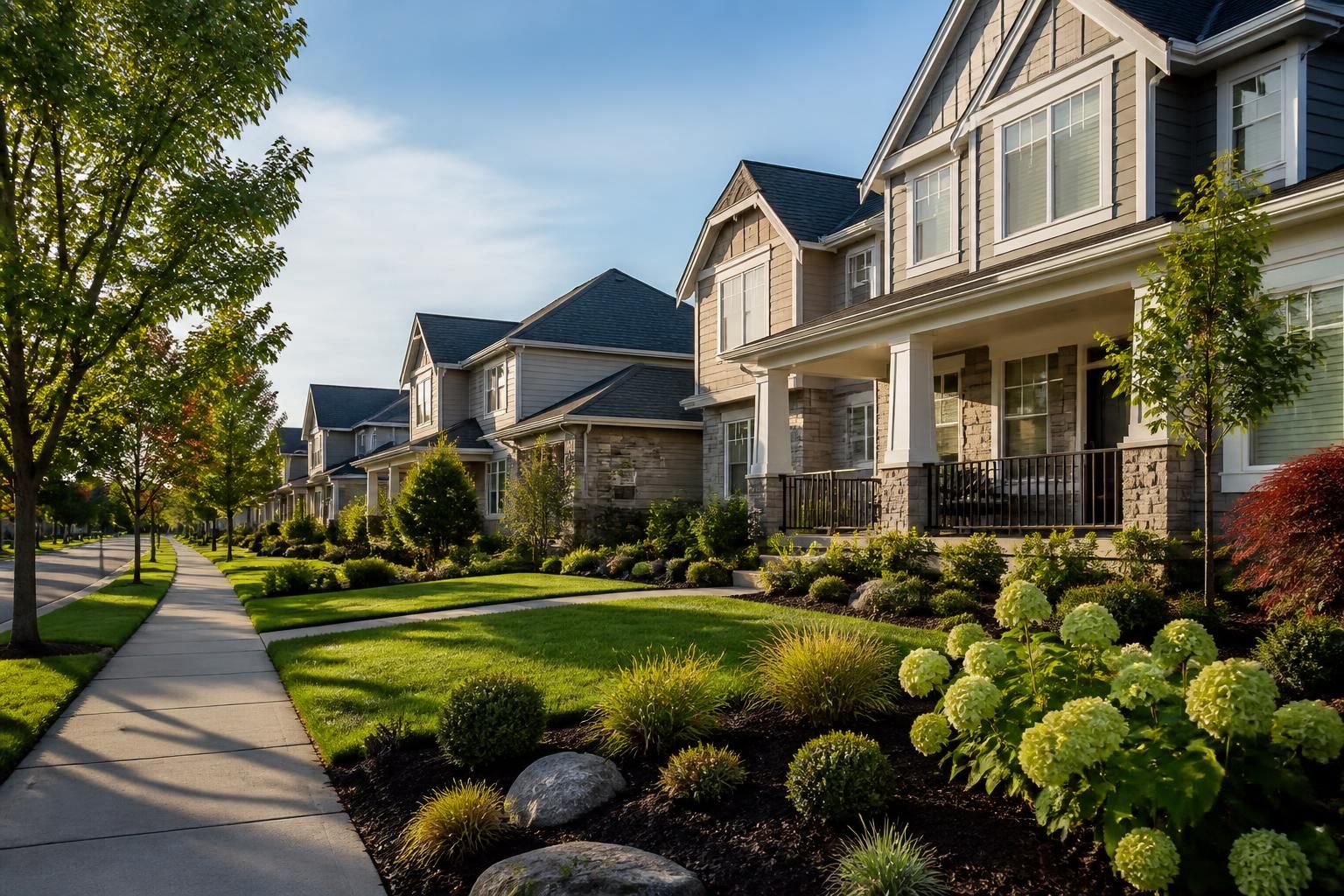 Modern suburban homes with manicured yards in soft light.