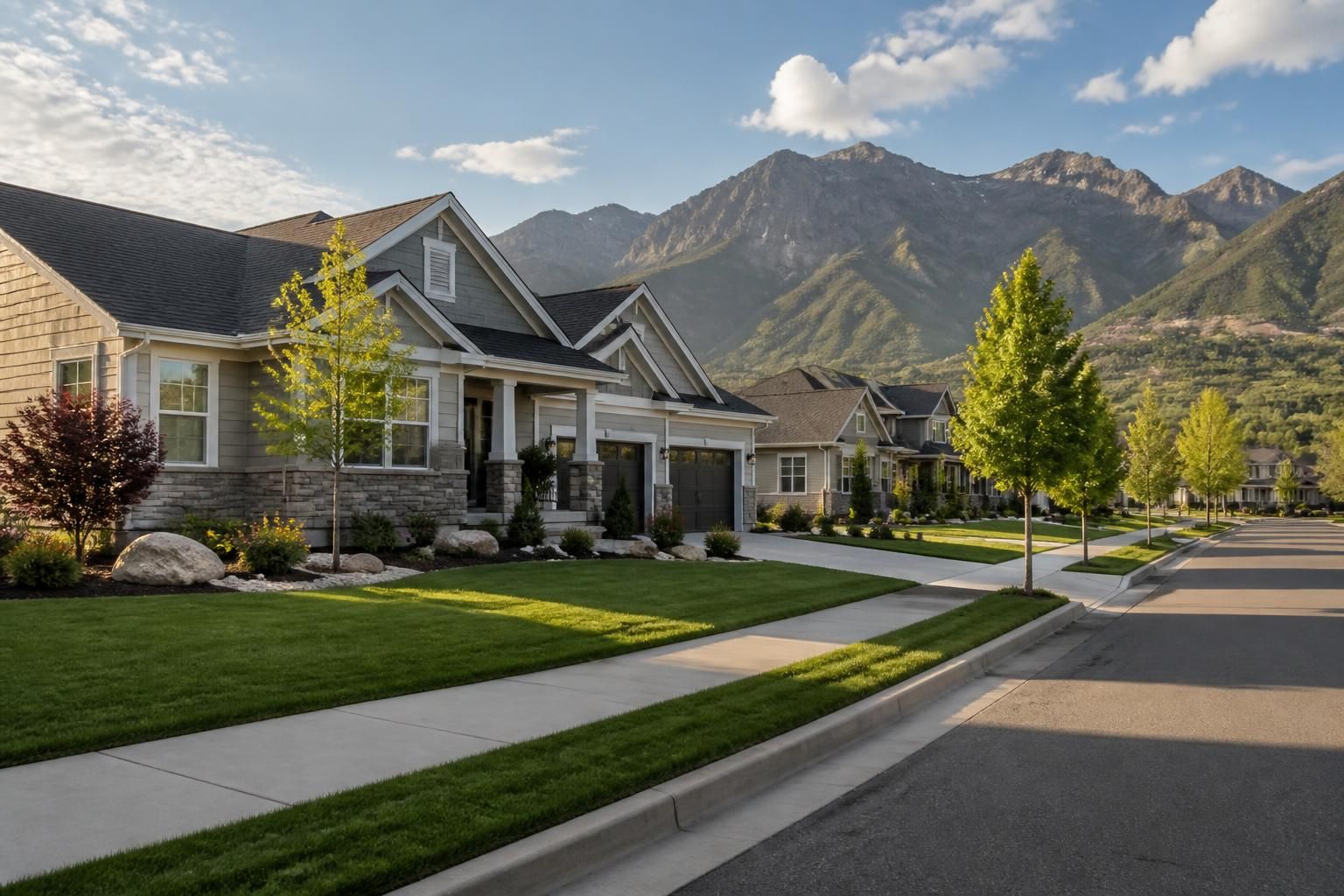 Spacious suburban homes with a mountain backdrop.