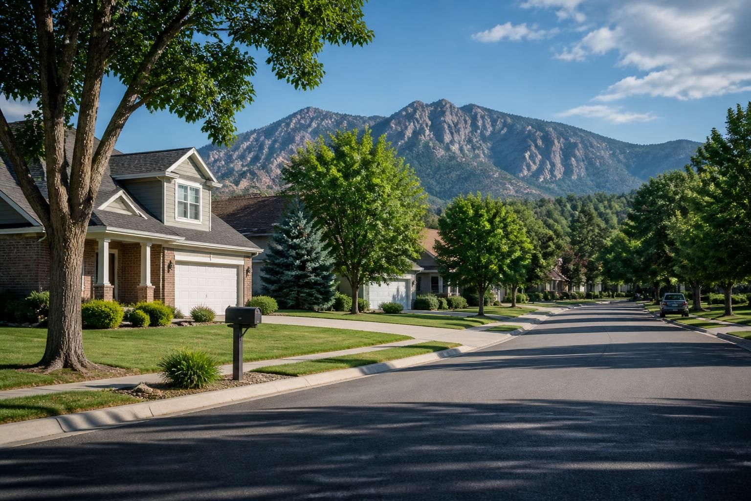Suburban neighborhood with trees and distant mountain foothills.