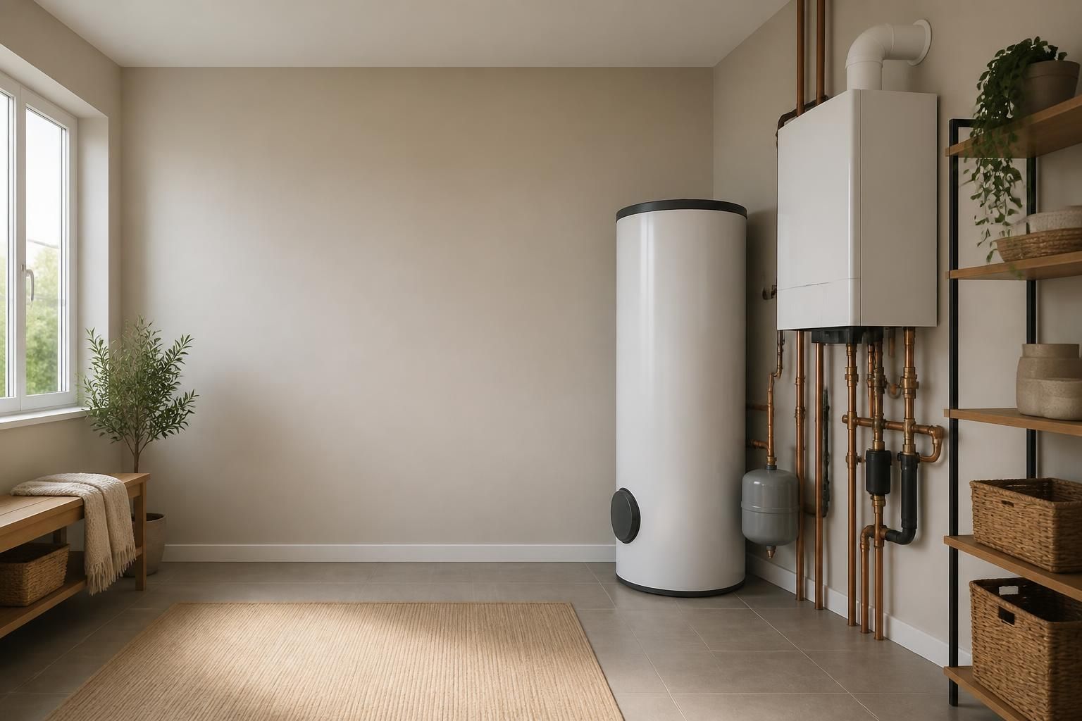 Clean utility space with boiler equipment and open negative space.