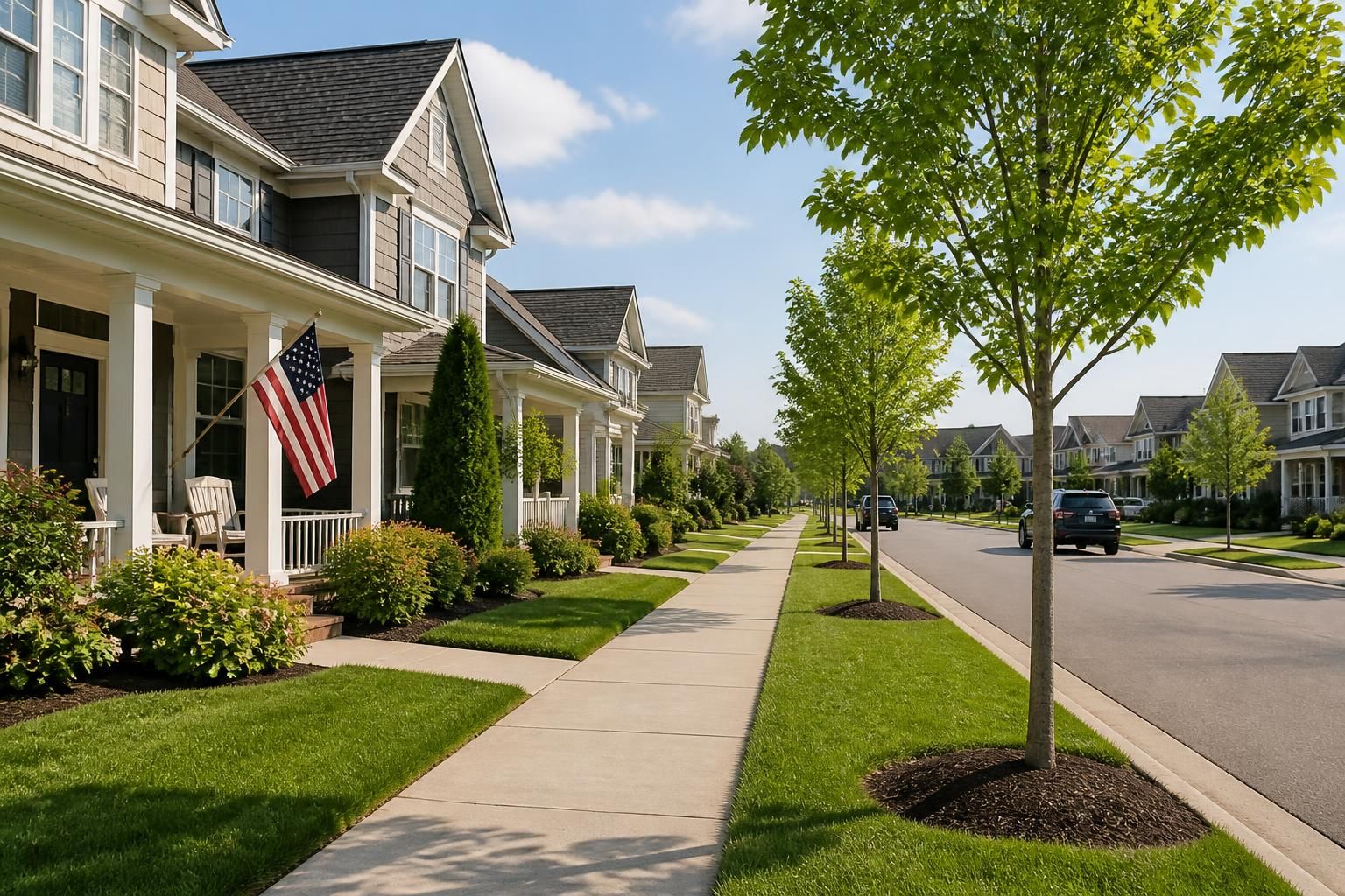 Peaceful suburban street with trees and clean homes.
