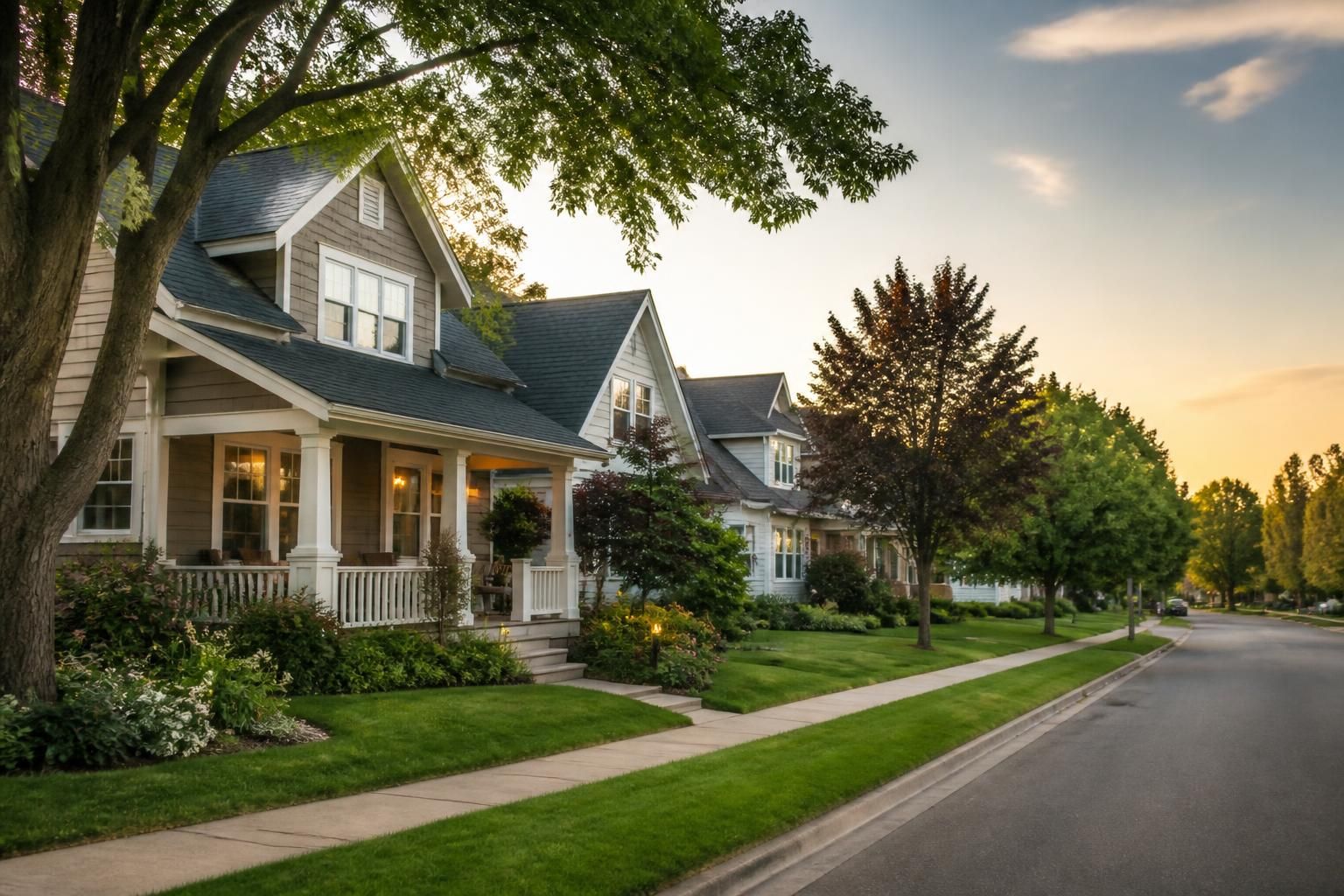 Quiet residential street with tidy homes and open lawns.