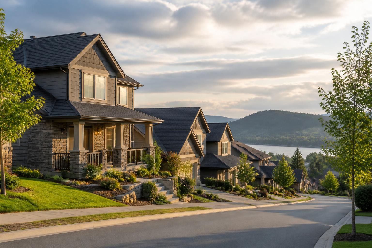 Hillside neighborhood with neatly maintained homes.