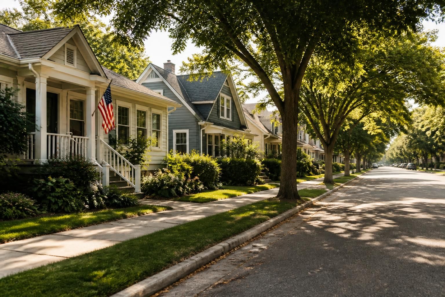 Tree-lined neighborhood street with modest homes.